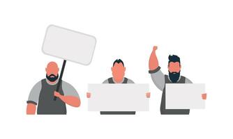 Protesting men with a banner. Isolated. Flat style, . vector