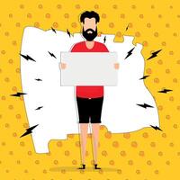 A guy with an empty banner in his hands and a place for your text. Pop art cartoon style. Vector illustration.