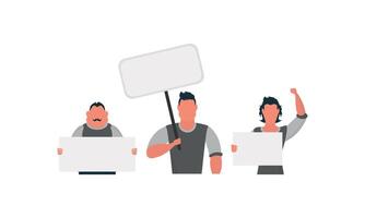Protesting men with an empty banner. Strike concept. Flat style, . vector