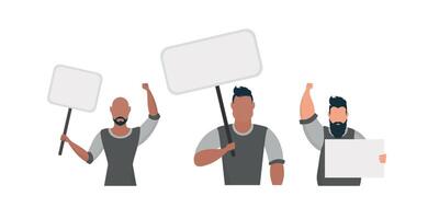 A guy with an empty banner in his hands. With space for your text. Rally or protest concept. Vector illustration.