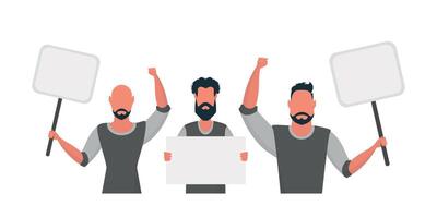 A group of men with an empty banner in their hands. With space for your text. Rally or protest concept. Vector illustration.