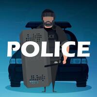 A policeman in a bulletproof vest in front of a car. Square banner. Cartoon style. vector