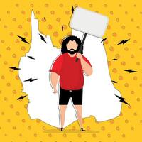 un hombre con una pancarta vacía en las manos y un lugar para tu texto. arte pop. estilo plano ilustración vectorial vector