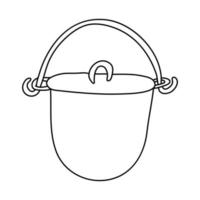 Camping outdoor cooking pot with handle. Hand drawn vector illustration in doodle style on white background. Isolated black outline. Camping equipment.