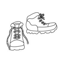 Hand drawn vector illustration of hiking boots in doodle style on white background. Isolated black outline. Camping and tourism clothes.