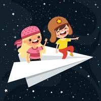 Cartoon Kids Flying With Paper Plane vector