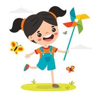 Cartoon Kid Playing With Wind Rose vector