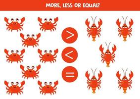 More, less or equal with cartoon crabs and lobsters. vector