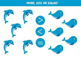 More, less or equal with cartoon dolphins and whales. vector