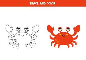 Trace and color cute red crab. Worksheet for children. vector