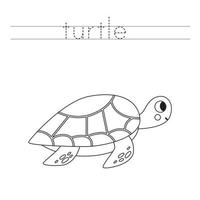 Traza las letras y colorea la tortuga de dibujos animados. práctica de escritura a mano para niños. vector
