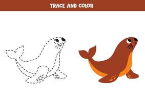 Trace and color cartoon cute sea lion. Worksheet for children. vector