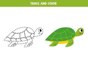 Trace and color cartoon cute turtle. Worksheet for children. vector