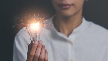 a light bulb in a man's hand,concept with innovation and inspiration, innovative technology in science concept and modern business development,creative idea,marketing strategy planning photo