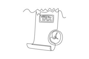 Single one line drawing tax form and timer. Tax concept. Continuous line draw design graphic vector illustration.