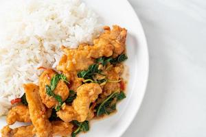 stir-fried fried fish with basil and chili in thai style topped on rice photo