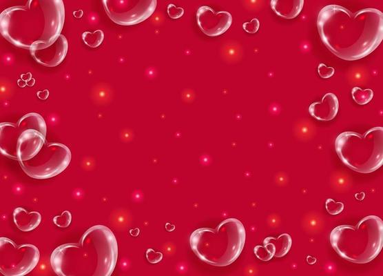 Realistic transparent 3d hearts glass effect background. Glossy soap bubble hearts on red background with shiny dots. Valentines day banner.