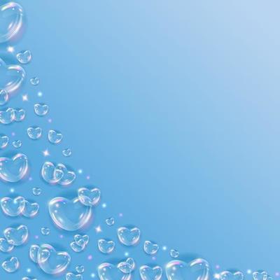 Glossy rainbow soap bubble hearts background. Realistic transparent 3d hearts on blue background with glitter.