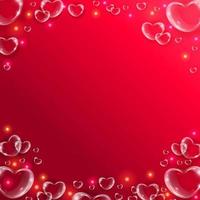 Realistic transparent hearts glass effect background. Glossy soap bubble 3d hearts on red background with glitter. vector