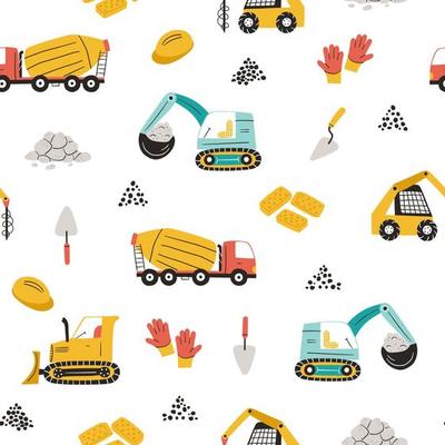 Hand drawn construction vehicles seamless pattern on white background. Cute design cartoon style, used for printing wallpaper, fabric, textile, wrapping paper
