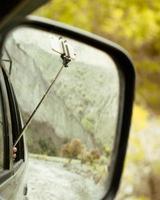 Tourist with selfie stocktake photos from the car in nature outdoors