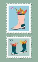Set of two post stamps illustrations. Variety of modern vector isolated stamps. Autumn vintage concept post theme. Fall leaves in wellies drawings for mail and post design.