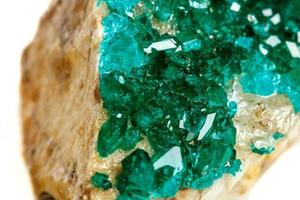 Macro mineral stone Dioptase silicate copper on a white background photo