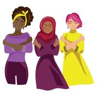 banner del día de la mujer 2023. abrazar el concepto de equidad grupo de mujeres diversas abrazándose a sí mismas, mujeres afroamericanas, musulmanas y caucásicas. ilustración vectorial. concepto de activismo abrazar la equidad y el amor propio vector