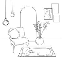 The stylish boho composition at living room interior design with an armchair,mirror,vase with reeds, tylish lamps and abstract posters.Line art drawing.Boho chic Cozy apartment.Home decor vector