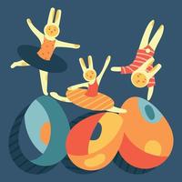 Happy Easter banner.Trendy Easter design with rabbits and eggs geometric shapes Modern Retro aesthetic style.Cute Dancing rabbits,bunnies acrobats on eggs poster,greeting card,web,print.Vector vector