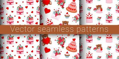 Collection of vector seamless patterns for valentine's day. Gift in a box