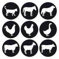 Farm animals silhouettes icons set. White on a black background vector