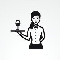 Waitress with tray and wine glass. Vector. Black on a white background vector