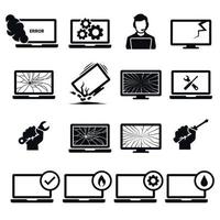 Computer repairs icons. Broken, damaged laptop. Black on a white background vector