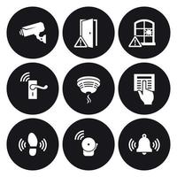 sensores de seguridad para el hogar y conjunto de iconos de equipos. blanco sobre un fondo negro vector