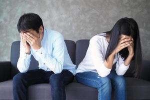 Couples are bored, stressed, upset and irritated after quarreling. Family crisis and relationship problems that come to an end photo