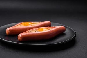 Composite concept of fried eggs inside a cut sausage with spices photo