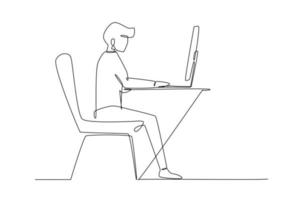 Continuous one line drawing of young man working at the computer. Vector illustration