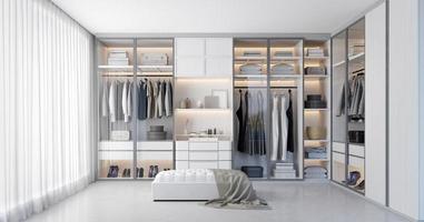 White luxury walk in closet interior with light frome the window.3d rendering photo