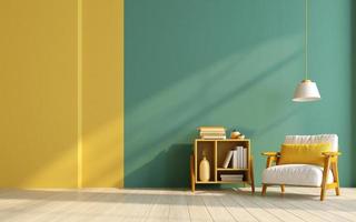 Mock up room in modern style with armchair,cabinet on yellow and green wall background.3d rendering photo