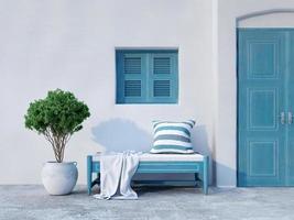 Santorini style architecture with bench plant door and window.3d rendering photo