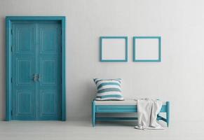 Santorini style interior with bench door and blank picture frame.3d rendering photo