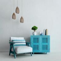 Santorini style interior with cabinet armchairs and ceiling lamp.3d rendering photo