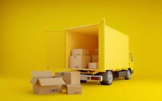 camión de reparto amarillo con cajas de cartón. envío de transporte. representación 3d foto