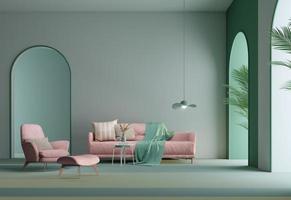 elegante interior de la habitación con arco de pared verde y sillón de sofá rosa. Representación 3d foto