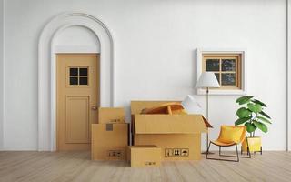 Relocation,Furniture in boxes.Moving to new house service or concept for buying furniture delivery.3d rendering photo