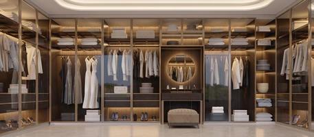 Panorama of luxury walk in closet interior with wood and gold elements.3d rendering photo