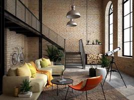 Interior de sala de estar de loft industrial con sofá, lámpara y pared de ladrillo. Representación 3d foto