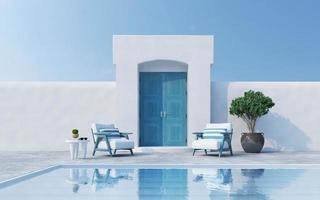 Santorini style architecture with armchairs plant door and swimming pool.3d rendering photo