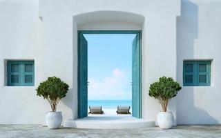 Santorini style gate open to the beach and sea view.3d rendering photo